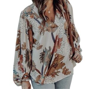 Scrap Work Boutique Floral Satin V Neck Blouson Sleeve Blouse Medium